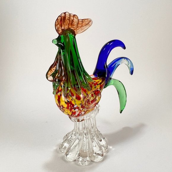 Rooster Figurine Hand Blown Art Glass Multicolor Farmhouse Country